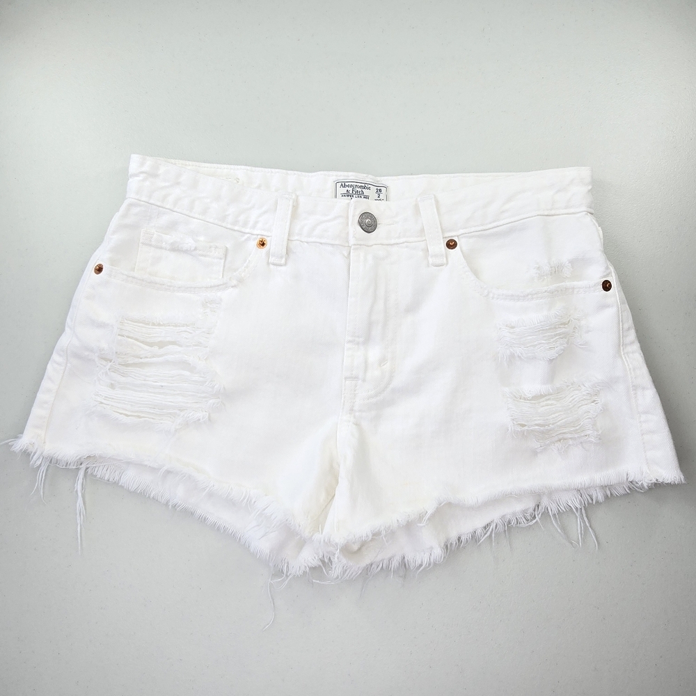 Abercrombie & Fitch Harper Low Rise Distressed White Denim Fringed Shorts 26/2 - Picture 2 of 12